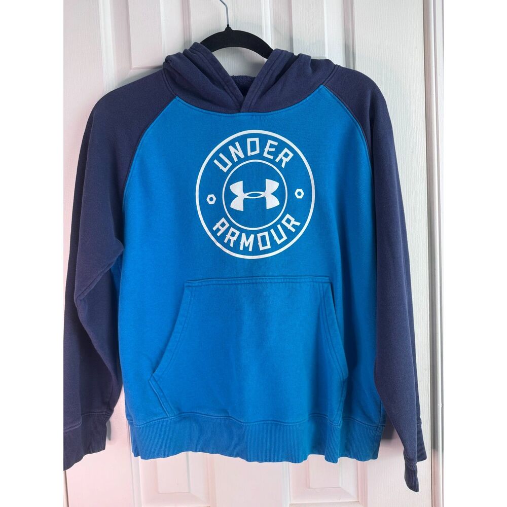 Under Armour Boys Youth Large Blue Navy Logo Pullover Fleece Hoodie YLG